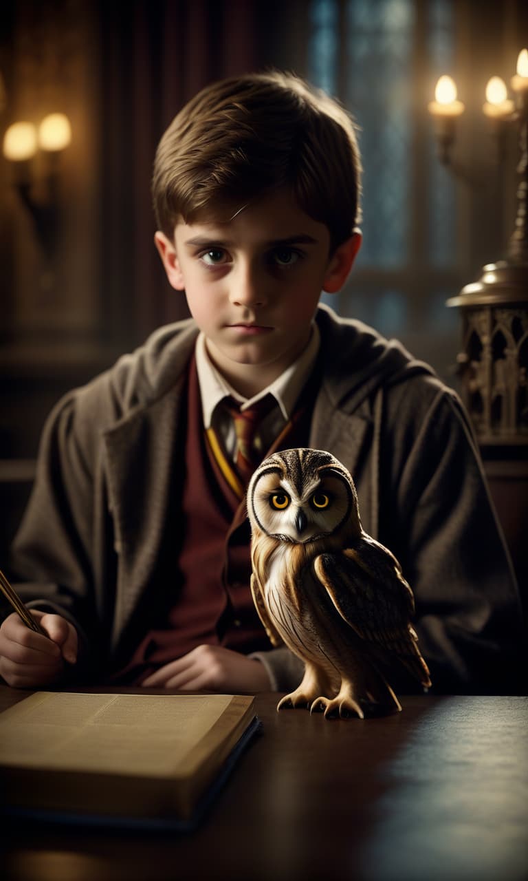  cinematic film still a little student from hogwarts is sitting at a table. an owl next to him . shallow depth of field, vignette, highly detailed, high budget, bokeh, cinemascope, moody, epic, gorgeous, film grain, grainy