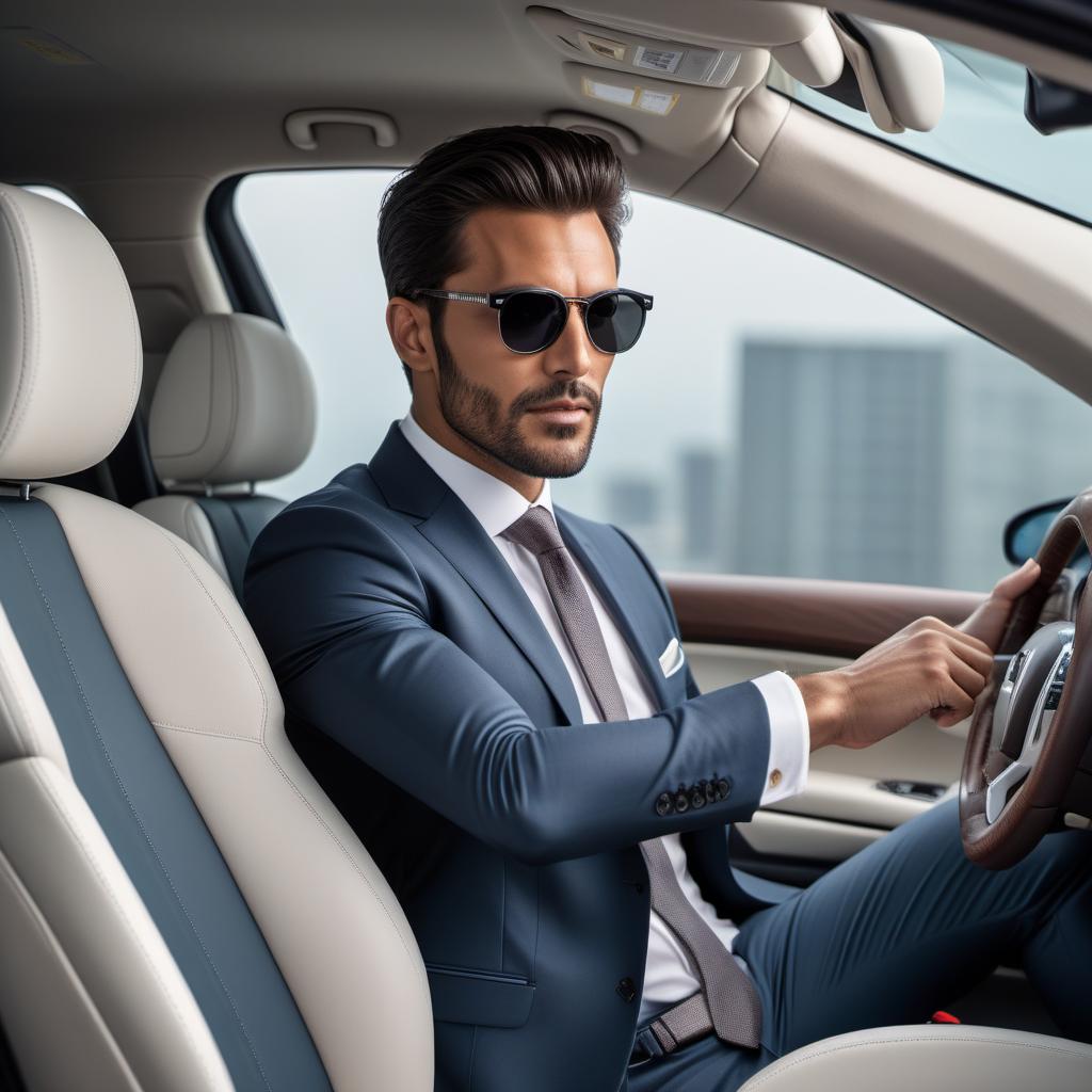  A professional business photo of a man inside a modern vehicle. He is wearing a neat suit and tie instead of casual clothing. His expression remains confident and approachable, with his sunglasses replaced by clear, stylish glasses. Ensure the car interior looks clean and sophisticated. The lighting should provide a polished and professional look, suitable for a corporate profile or business context. hyperrealistic, full body, detailed clothing, highly detailed, cinematic lighting, stunningly beautiful, intricate, sharp focus, f/1. 8, 85mm, (centered image composition), (professionally color graded), ((bright soft diffused light)), volumetric fog, trending on instagram, trending on tumblr, HDR 4K, 8K