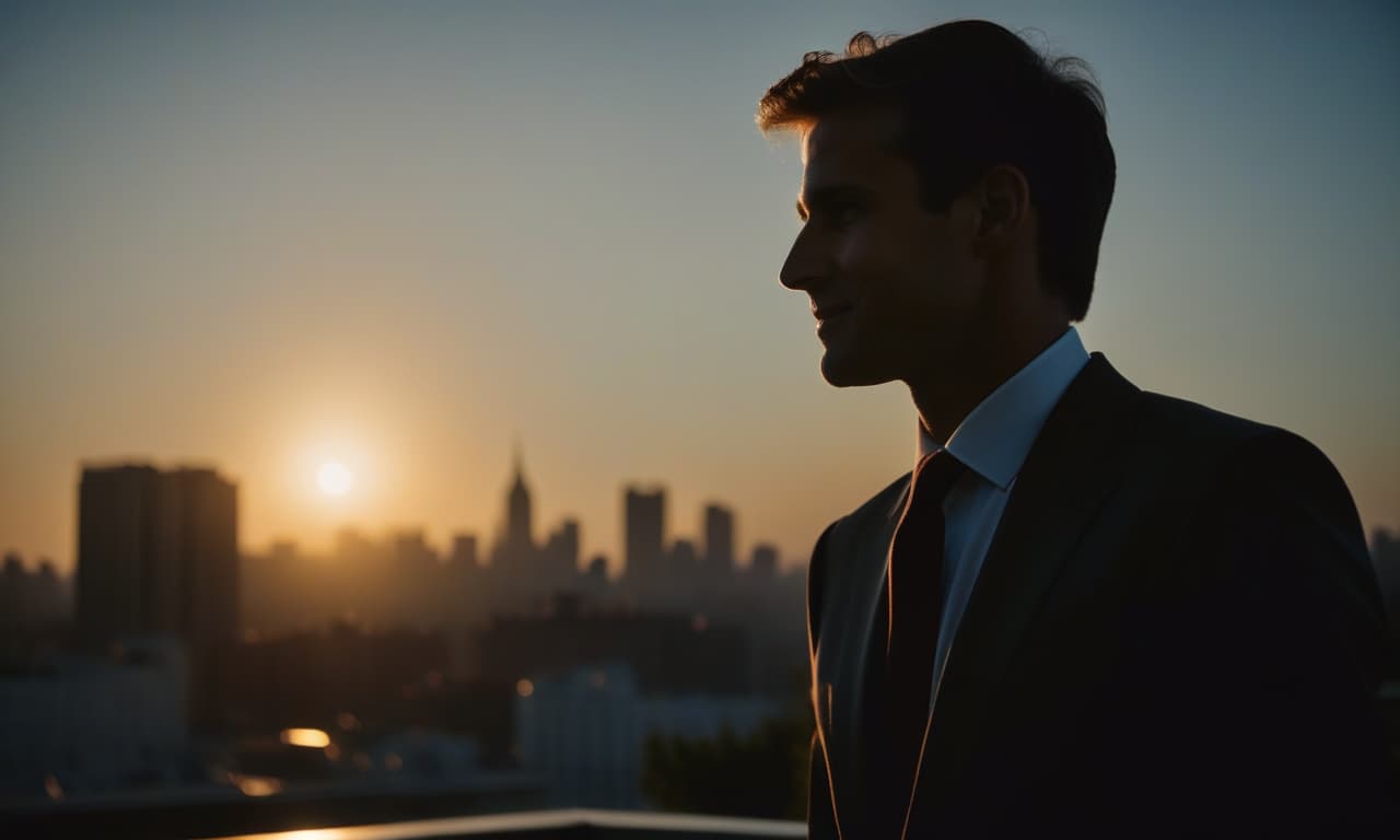  cinematic film still sunrise in the background, a piece of sun is visible, in the foreground a man in a suit, a slight smile, a close up face, photorealism, in the background the silhouette of the city in a blurred focus is slightly dark, the figure of a person is illuminated . shallow depth of field, vignette, highly detailed, high budget, bokeh, cinemascope, moody, epic, gorgeous, film grain, grainy