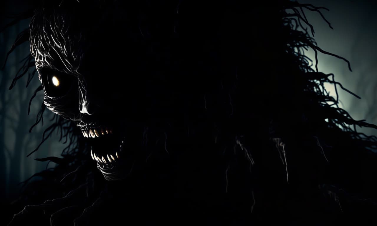  horror themed a terrifying creature made up of rubbish and rot, with eyes gleaming in the darkness and long teeth. the silhouette is blurred. it looks scary and threatening. . eerie, unsettling, dark, spooky, suspenseful, grim, highly detailed