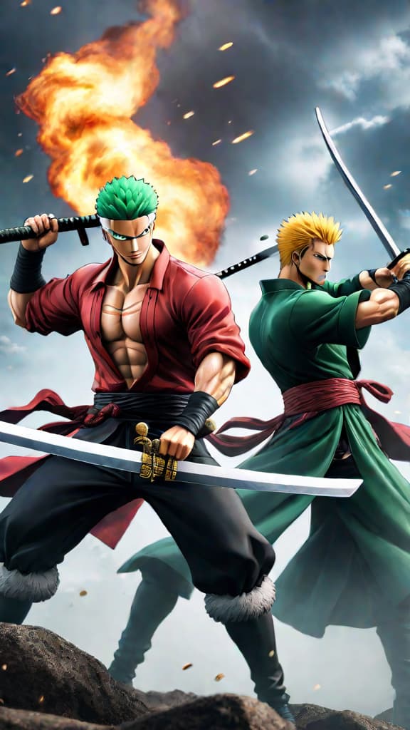  an anime image of roronoa zoro facing off against ichigo kurosaki in an intense battle. hyperrealistic, full body, detailed clothing, highly detailed, cinematic lighting, stunningly beautiful, intricate, sharp focus, f/1. 8, 85mm, (centered image composition), (professionally color graded), ((bright soft diffused light)), volumetric fog, trending on instagram, trending on tumblr, HDR 4K, 8K