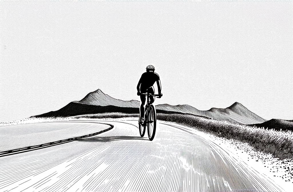  contour, very simple image in one unbroken black ink line, single line of cyclist riding winding road in mountains, engraving illustration ar 3:2 using a single continuous black line ink brushon white background, drawing should be created without lifting the pen, recognizable features of cyclist riding winding road in mountains, engraving illustration ar 3:2 in one unbroken line