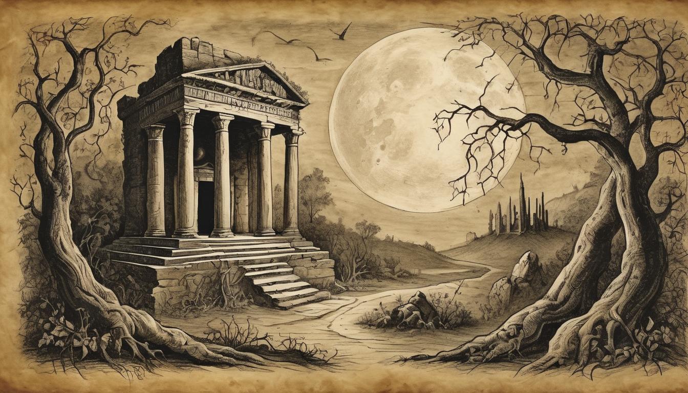  on parchment, surrealism++, sacred temple ruins under a full moon, vines overgrown, moonlight casting eerie shadows, ancient and mysterious(mysterious, provocative, symbolic)++