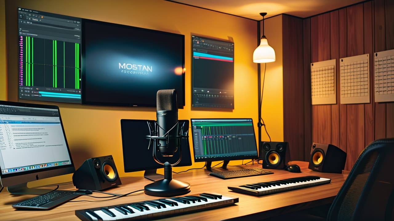  an inviting podcast studio with a mixing board, headphones, and microphones, surrounded by soundproof walls. a laptop displaying audio editing software, coffee cups, and notes scattered on a wooden table. soft ambient lighting. hyperrealistic, full body, detailed clothing, highly detailed, cinematic lighting, stunningly beautiful, intricate, sharp focus, f/1. 8, 85mm, (centered image composition), (professionally color graded), ((bright soft diffused light)), volumetric fog, trending on instagram, trending on tumblr, HDR 4K, 8K