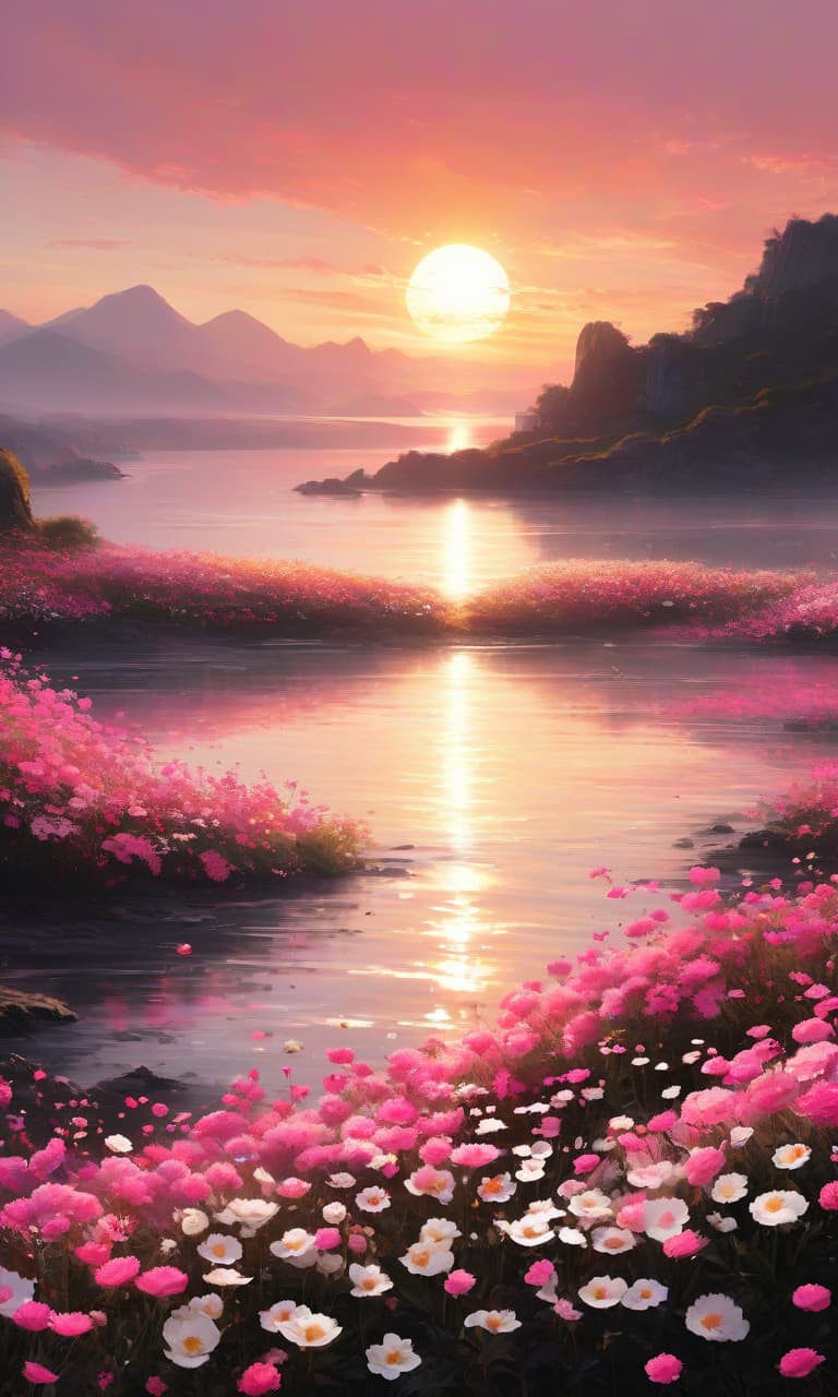  concept art color pink, white, black, gold the sun is huge, the sunset, the sea of flowers . digital artwork, illustrative, painterly, matte painting, highly detailed, perfect hands