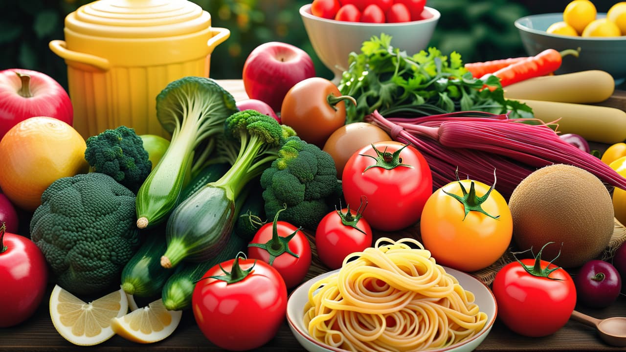  a vibrant display of colorful, fresh fruits and vegetables alongside a contrasting array of cooked foods like pasta, bread, and meats, set on a wooden table with natural lighting highlighting their textures. hyperrealistic, full body, detailed clothing, highly detailed, cinematic lighting, stunningly beautiful, intricate, sharp focus, f/1. 8, 85mm, (centered image composition), (professionally color graded), ((bright soft diffused light)), volumetric fog, trending on instagram, trending on tumblr, HDR 4K, 8K