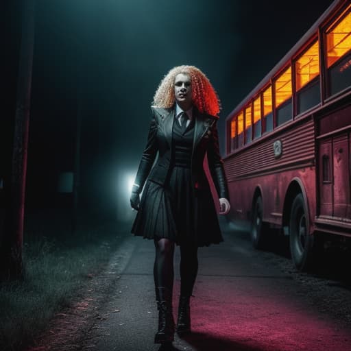  full body, Scary Ms. Fiona Frizzle on the horror school bus on a field trip to a dark nightmarish trip, extremely manic but attractive, hair frizzled, ginger colored hair, frizzled hair, evil appearance, bloody murder weapon, unholy, creepy, horror, dark, ghoul, intricate design and details, serial killer, photography lighting, photorealistic, cinematic, 8k --ar 9:16, terror, horror theme, scary, spooky, terrifying, killer, full body in frame, bloody, terrific horror-inspired, , hyperrealistic, high quality, highly detailed, cinematic lighting, intricate, sharp focus, f/1. 8, 85mm, (centered image composition), (professionally color graded), ((bright soft diffused light)), volumetric fog, trending on instagram, HDR 4K, 8K