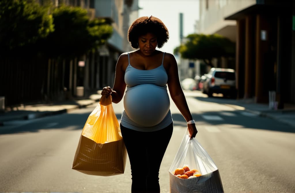  cinematic film style, pregnant african american woman walking down city street, carrying large bags of food in hands, tired face, sunny hot day ar 3:2, shallow depth of field, vignette, maximum details, high budget hollywood movie, bokeh, cinemascope, moody, epic, gorgeous, sun rays and shadows on furniture and surfaces, flattering light, raw photo, photography, photorealistic, 8k resolution, f1.4, sharpened focus, sharp focus