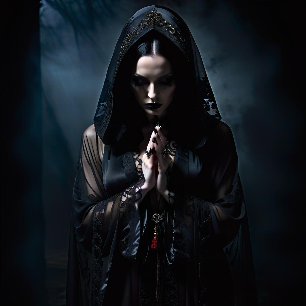  gothic style the girl bent down. she's only wearing a transparent robe, the robe is pulled up and through it you can see the body . dark, mysterious, haunting, dramatic, ornate, detailed, perfect hands, film photography style