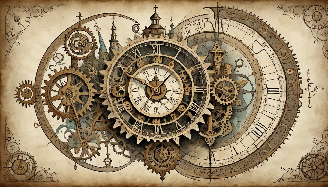  on parchment, surrealism+++, celestial clock, intricate gears and cogs, a figure observing from below, alignment of events and purpose(mysterious, provocative, symbolic,muted color)+++