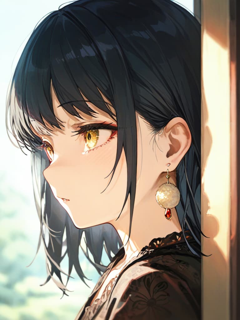  earrings, black hair long, bangs girls, jit eyes, cat eyes, expressionless, dull face, sigh, masterpiece, best quality,8k,ultra detailed,high resolution,an extremely delicate and beautiful,hyper detail