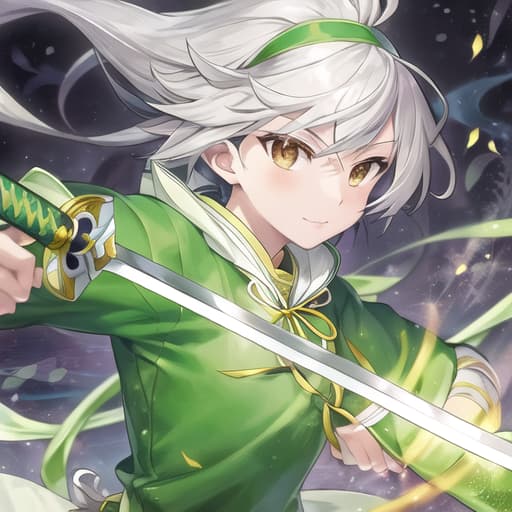  master piece , best quality,yomu konpakuto (soul spirit), face, white hair, goatee, green clothes, hair band, ribbon, two swords, .