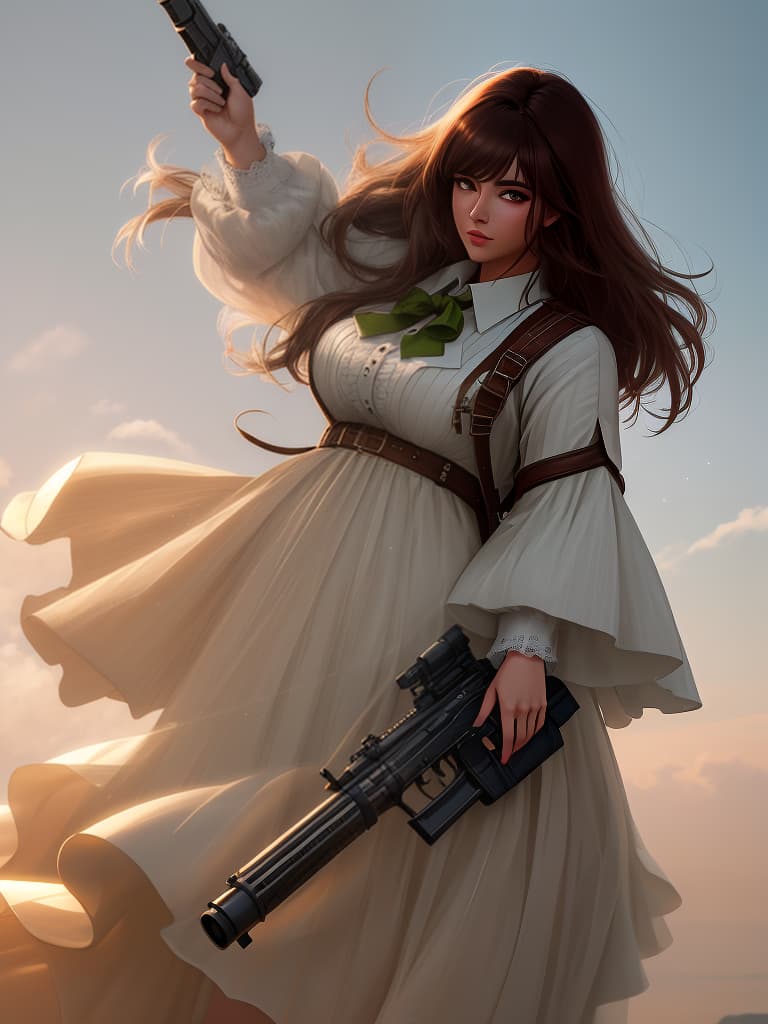  cool girls, rolled hair, chubby, brown hair and gun, masterpiece, best quality,8k,ultra detailed,high resolution,an extremely delicate and beautiful,hyper detail hyperrealistic, full body, detailed clothing, highly detailed, cinematic lighting, stunningly beautiful, intricate, sharp focus, f/1. 8, 85mm, (centered image composition), (professionally color graded), ((bright soft diffused light)), volumetric fog, trending on instagram, trending on tumblr, HDR 4K, 8K