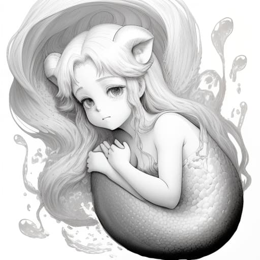  little mermaid, slowly sunk eyes, ruminant, scratching with tint white background