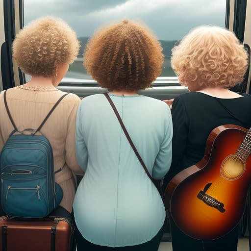  a view from the back of three people: the first is a curly haired musician with a guitar, the second is a comedian with glasses, the third is an elderly grandmother, a full curly blonde, flying through the sky like birds with suitcases in their hands