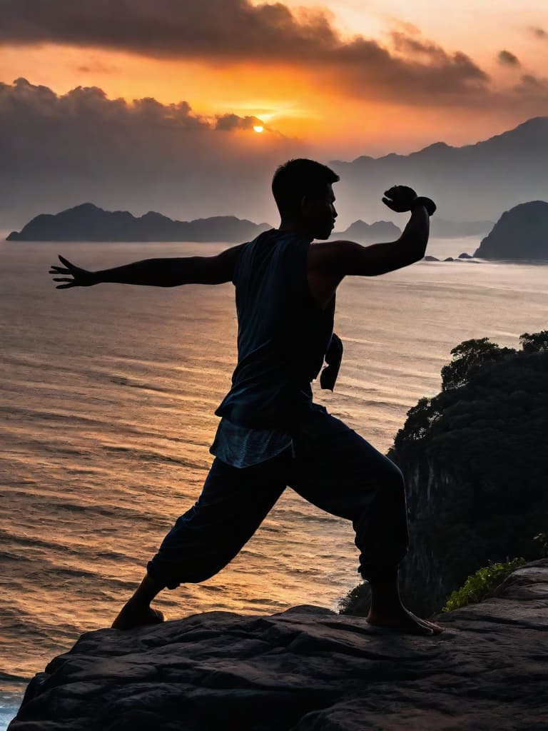  Close up of the silhouette of a man doing Thai Chi on a cliff overlooking the ocean with a sunrise in the background. RAW, realistic