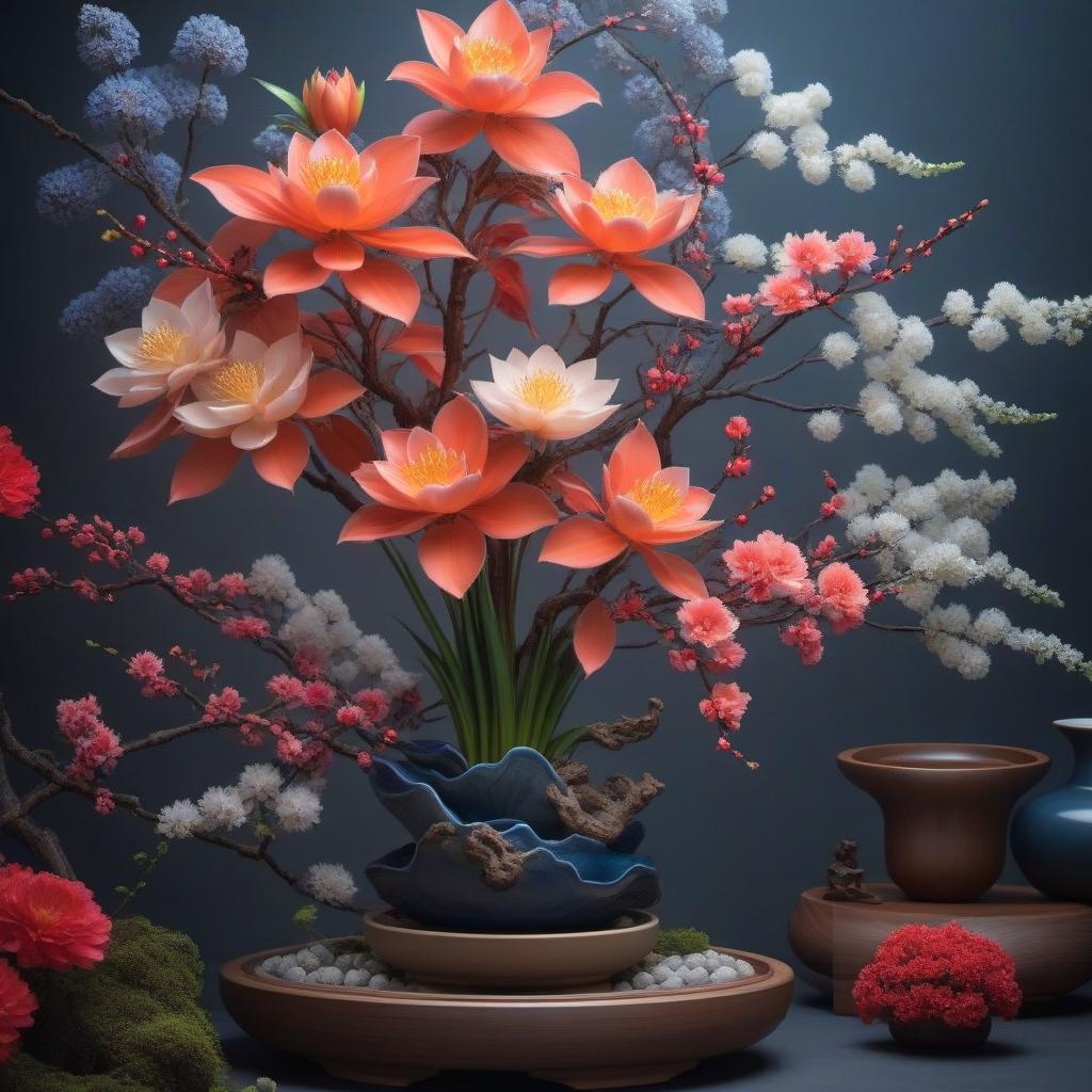  Ikebana with a porcelain god hyperrealistic, full body, detailed clothing, highly detailed, cinematic lighting, stunningly beautiful, intricate, sharp focus, f/1. 8, 85mm, (centered image composition), (professionally color graded), ((bright soft diffused light)), volumetric fog, trending on instagram, trending on tumblr, HDR 4K, 8K