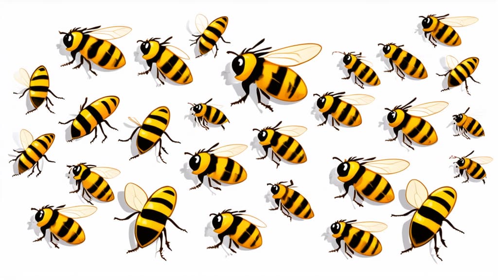  flat illustration, flaticon, (illustration:1.15), bees on a white background ar 16:9, [cory loftis, strobist, pascal campion :: 0.2]