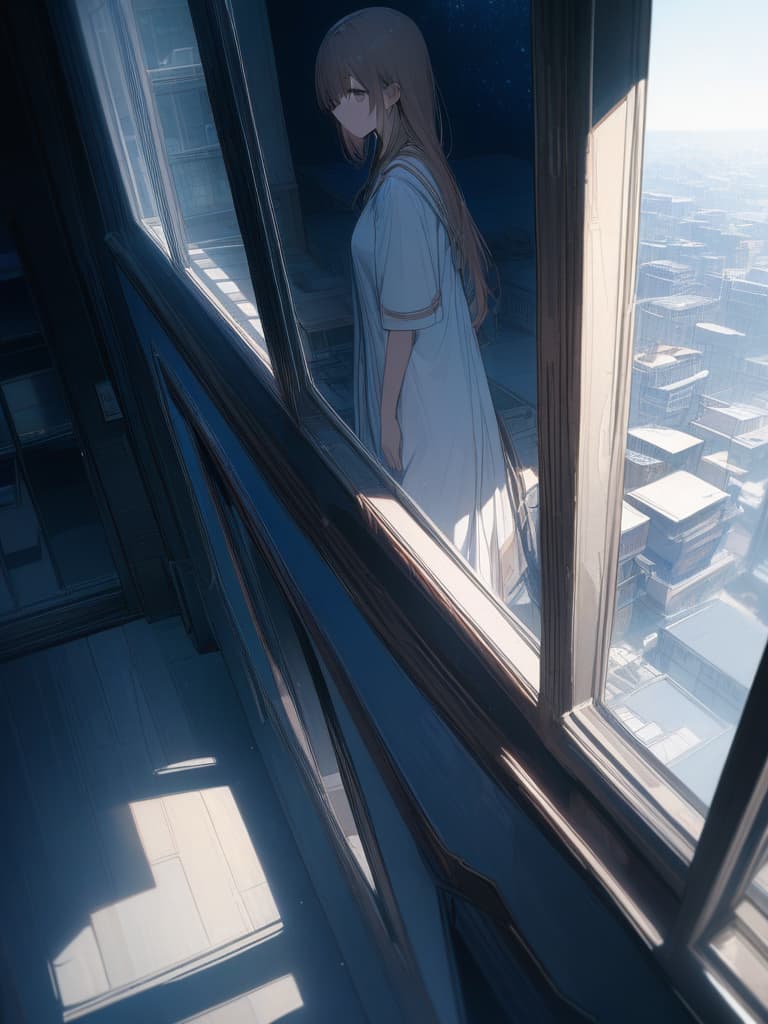  looking up from the window, the hair is blond, the hair length is long, the sky is in the night sky, the stars are visible, while looking at the distant look, the whole body, the whole body, the building group., masterpiece, best quality,8k,ultra detailed,high resolution,an extremely delicate and beautiful,hyper detail