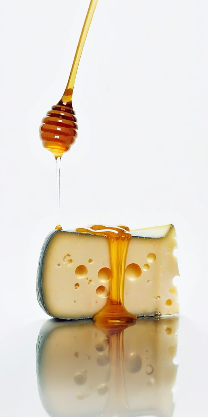  cheese watered with honey, beautiful reflection, film photography style