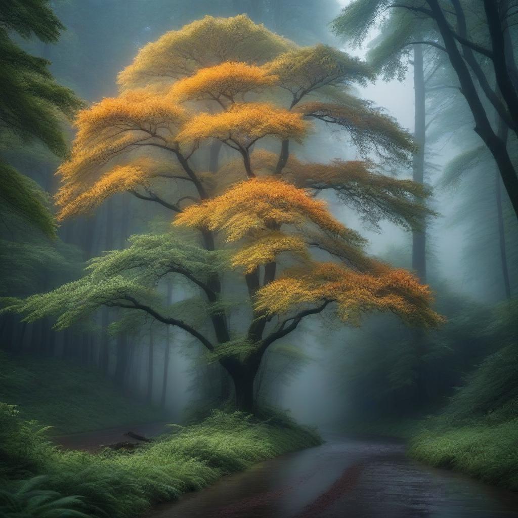  Beautiful deserted forest landscape, rain hyperrealistic, full body, detailed clothing, highly detailed, cinematic lighting, stunningly beautiful, intricate, sharp focus, f/1. 8, 85mm, (centered image composition), (professionally color graded), ((bright soft diffused light)), volumetric fog, trending on instagram, trending on tumblr, HDR 4K, 8K