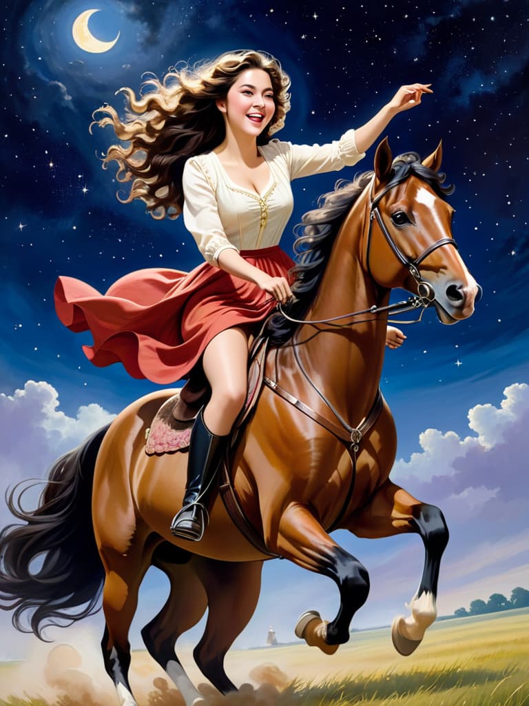  under the night sky, woman and a young man are galloping away on horseback, laughing joyfully.woman had dark, captivating eyes and long, wavy hair. she often wore men's clothing, especially during duels, but could also be seen in elegant dresses when performing or at social events. her style was bold and reflected her rebellious spirit.