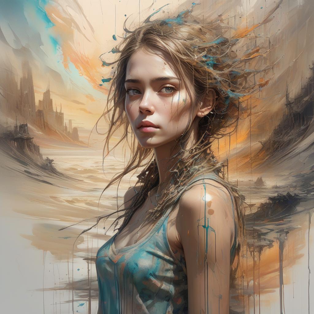  awe inspiring painting of awe striking a muted abstract impressionism art, a beautiful woman in a surreal full body, dreamlike virtual voidscape with floating virtual elements and distorted abstract data streams, perfectly rendered face, that emphasizes the sunlit sands, dramatic beauty of triumphantly, art by carne griffiths and wadim kashin using graffiti airbrushing techniques, centered in an epic, awe inspiring scene, approaching perfection with dynamic composition, sharp focus, illustration, accent lighting, high definition, bright paint colors contrasting, highly detailed, concept art, smooth textures, artstation aesthetics, by squal92i., watercolor, trending on artstation, sharp focus, studio photo, intricate details, highly detailed