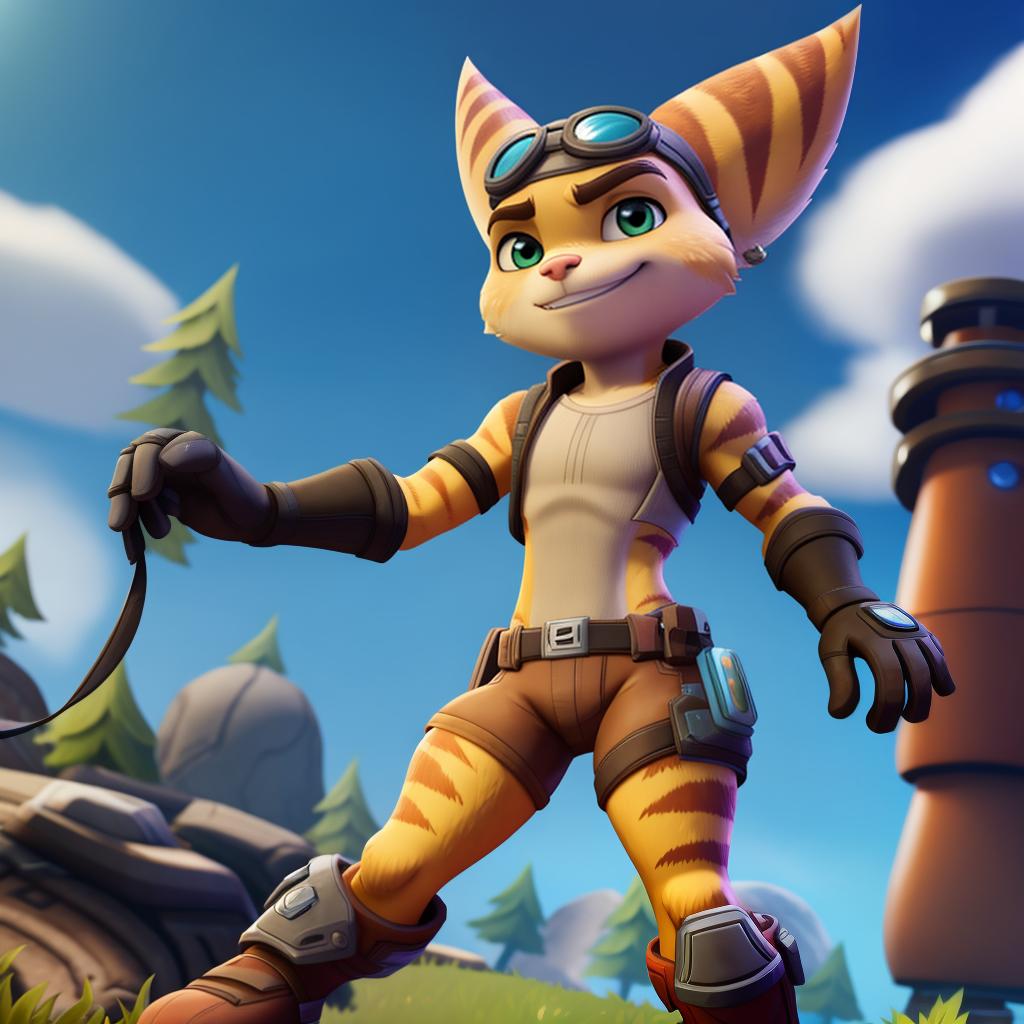  Ratchet and clank (insomniac, fortnite), full body, gloves, open eyes, masterpiece, 4k, fine details,