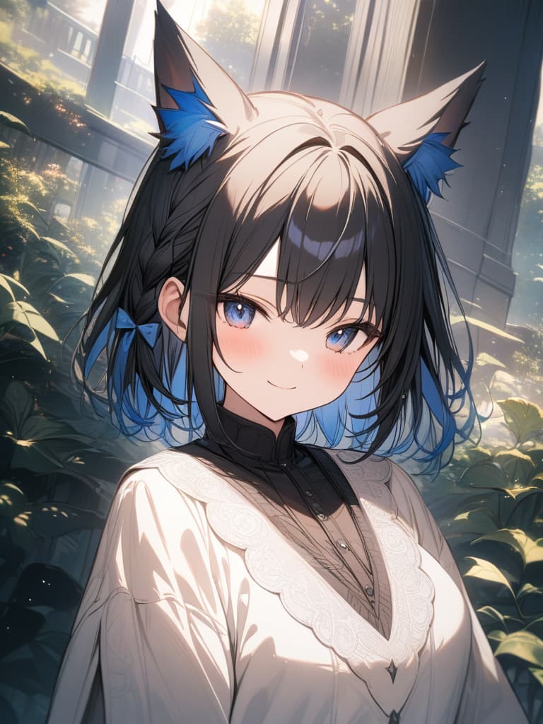  black hair, short hair, smile, cute, gradation, braided ears, first blue, fox ears, whole body, virtual, masterpiece, best quality,8k,ultra detailed,high resolution,an extremely delicate and beautiful,hyper detail