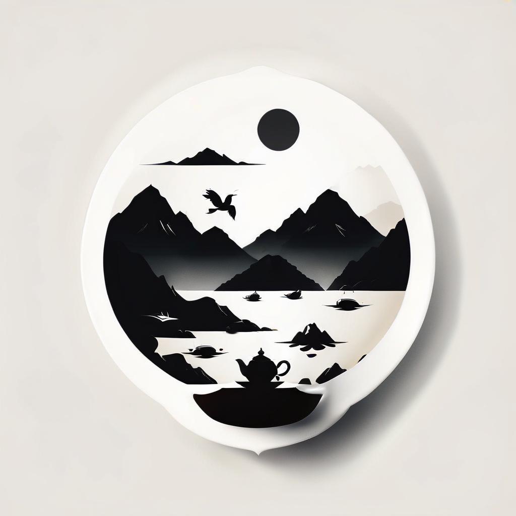  silhouette style create a logo for a chinese tea shop using the name "yalta tea", using images of the sea, mountains, tea bowl . high contrast, minimalistic, black and white, stark, dramatic, logo