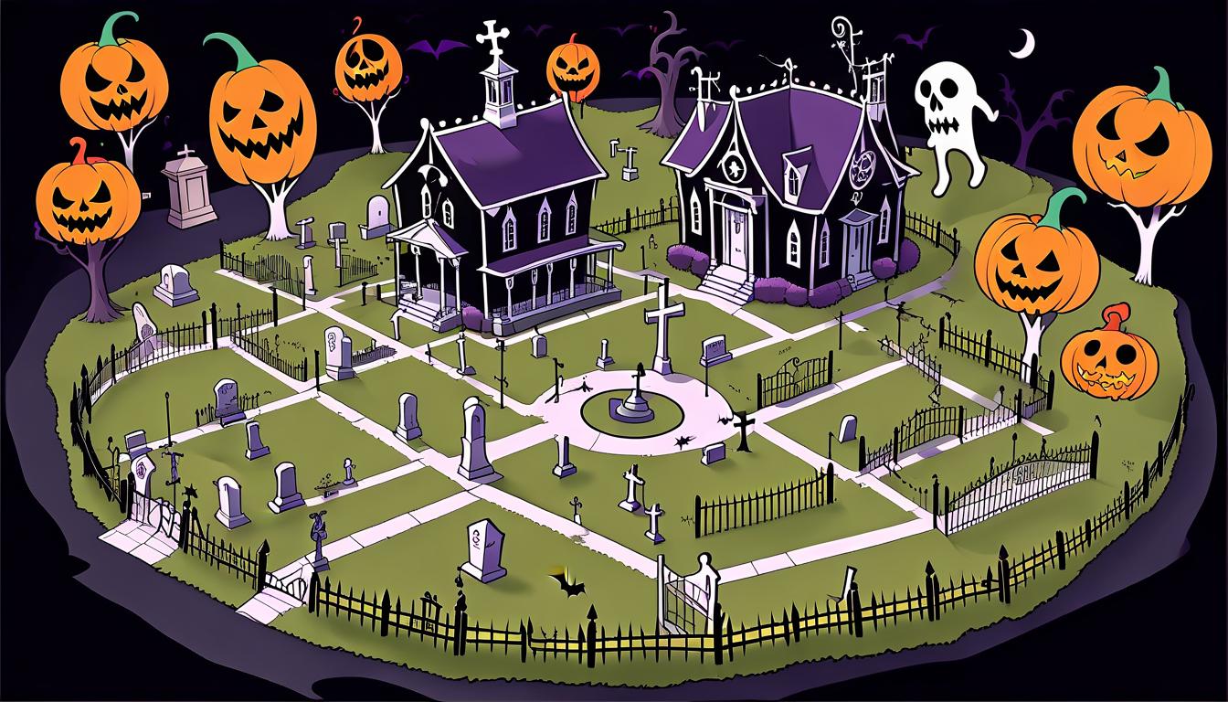  map of the area in the style of halloween anime soul eater on which there is a cemetery surrounded by a fence, a creepy house and a circus tent