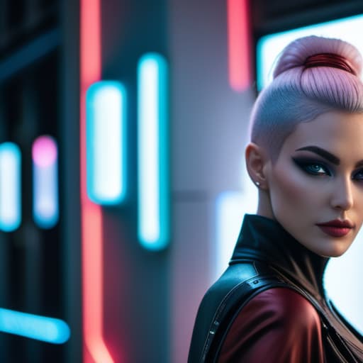  ultra realistic close up portrait ((beautiful pale cyberpunk female with heavy black eyeliner)), blue eyes, shaved side haircut, hyper detail, cinematic lighting, magic neon, dark red city, canon eos r3, nikon, f/1.4, iso 200, 1/160s, 8k, raw, unedited, symmetrical balance, in frame, 8k hyperrealistic, full body, detailed clothing, highly detailed, cinematic lighting, stunningly beautiful, intricate, sharp focus, f/1. 8, 85mm, (centered image composition), (professionally color graded), ((bright soft diffused light)), volumetric fog, trending on instagram, trending on tumblr, HDR 4K, 8K