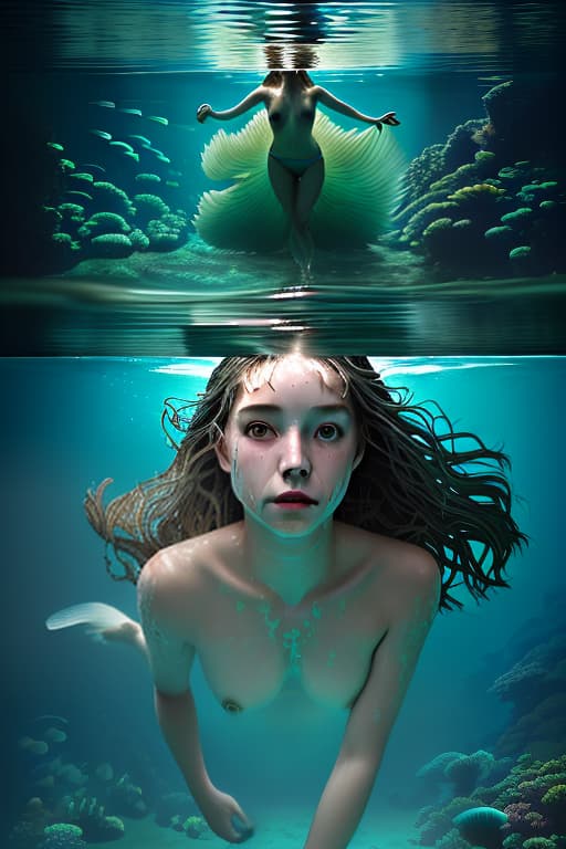  a beautiful swims under water, her hair flutters in water, near algae and fish, a looks at the camera, she is stripped, painting, acrylic., smooth , warm , cozy , by chris burkard , alex strohl , elia locardi , benjamin hardman , lauren 