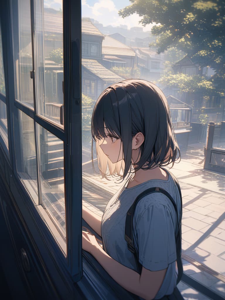  the back of the window is looking out of the window, the sky outside the window is a little cloudy, the man looks far away and looks at someone, masterpiece, best quality,8k,ultra detailed,high resolution,an extremely delicate and beautiful,hyper detail