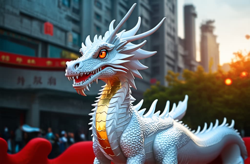  cinematic film style, image of a chinese white dragon with shiny scales ((((general plan))))) against the background of a chinese city. chinese new year ar 3:2, shallow depth of field, vignette, maximum details, high budget hollywood movie, bokeh, cinemascope, moody, epic, gorgeous, sun rays and shadows on furniture and surfaces, flattering light, raw photo, photography, photorealistic, 8k resolution, f1.4, sharpened focus, sharp focus