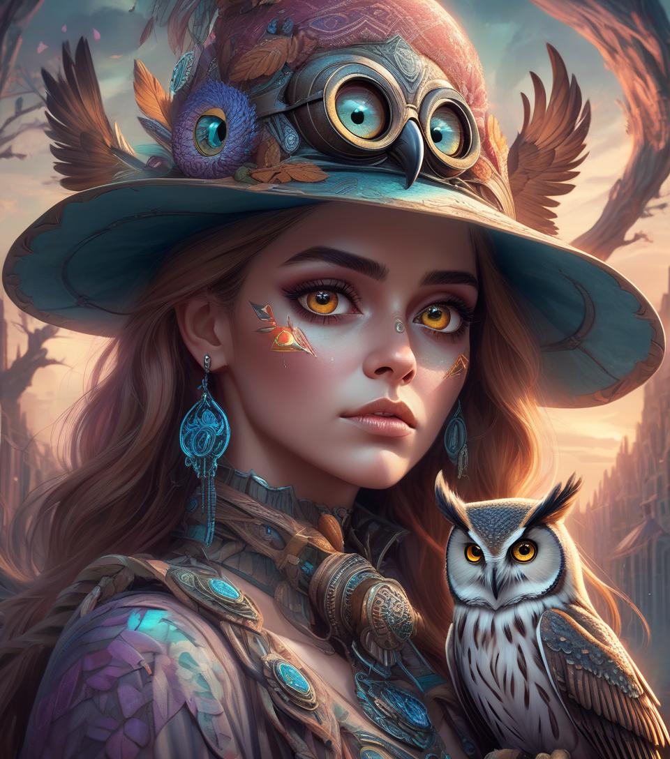  a close up of a woman with a hat and owl, beautiful fantasy art portrait, beautiful fantasy portrait, very beautiful fantasy art, digital art fantasy art, beautiful fantasy art, cyberpunk angry gorgeous druid, colorfull digital fantasy art, digital art fantasy, digital fantasy art ), with an owl on her shoulder, psytrance artwork, amazing fantasy art, highly detailed fantasy art