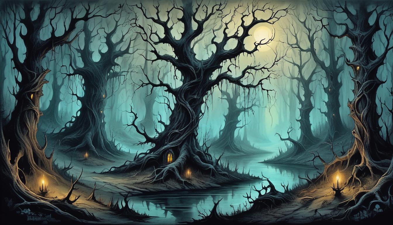  on parchment, surrealism+++, a dark, enchanted forest with withered trees, glowing vines entangling, hauntingly beautiful, gothic, forbidden(mysterious, provocative, symbolic,muted color)+++