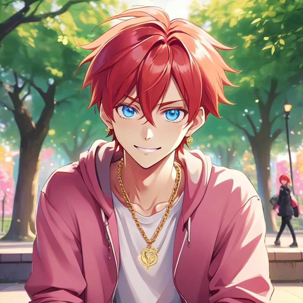  anime artwork a handsome anime guy with red hair and blue eyes, wearing a gold chain and earrings, sitting at park, grins haughtily, with a pink and green background, anime style . anime style, key visual, vibrant, studio anime, highly detailed