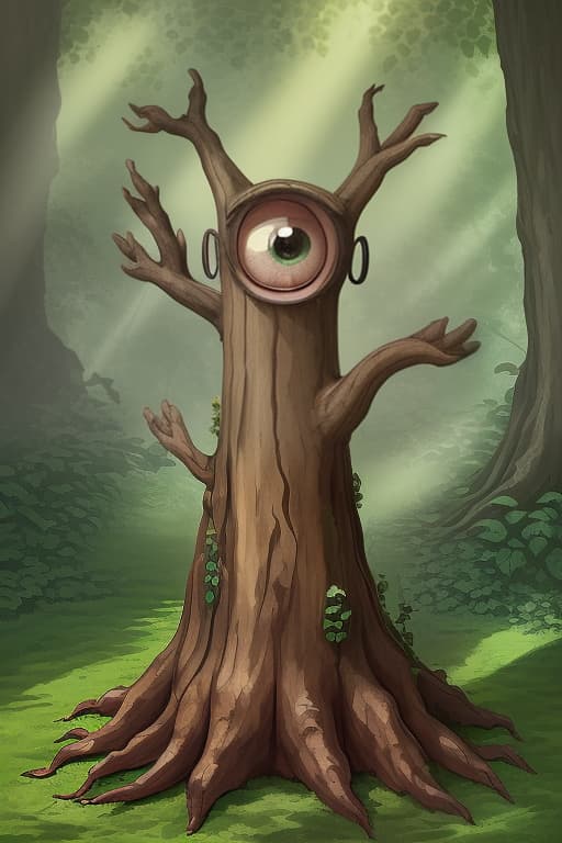  a cute, stout wooden creature resembling a stump, with arms, roots and large eyes, happily waving its branch like arms against a forest backdrop, dappled sunlight filtering through the leaves.. magic realism, funny cartoon, rustic watercolor