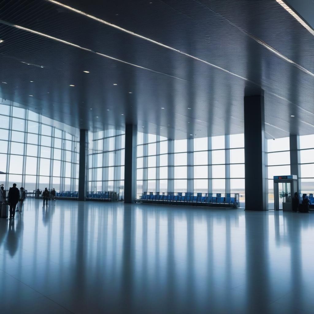  An empty airport building, a portal to the other world, people enter it