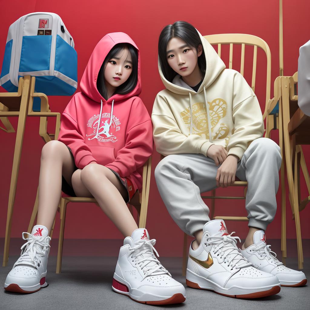  masterpiece, best quality, picture of a 20 and , middle part hair "For s and s", wearing a cream colored hoodie with Indonesian batik motif, wearing white and red Jordan shoes, chairs facing each other "For s and s", with a gold, red, blue, pink glowing background, Hyper Realistic, High Contrast Color, 8K, Detail, Focus.