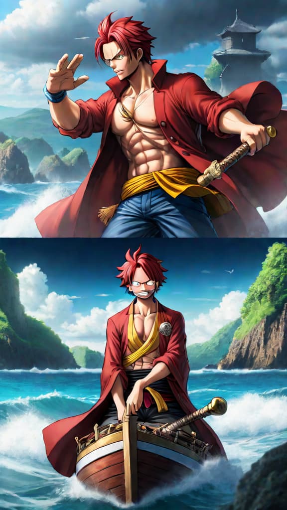  anime art: shanks passing on a legacy to luffy after saving him from the sea king. hyperrealistic, full body, detailed clothing, highly detailed, cinematic lighting, stunningly beautiful, intricate, sharp focus, f/1. 8, 85mm, (centered image composition), (professionally color graded), ((bright soft diffused light)), volumetric fog, trending on instagram, trending on tumblr, HDR 4K, 8K