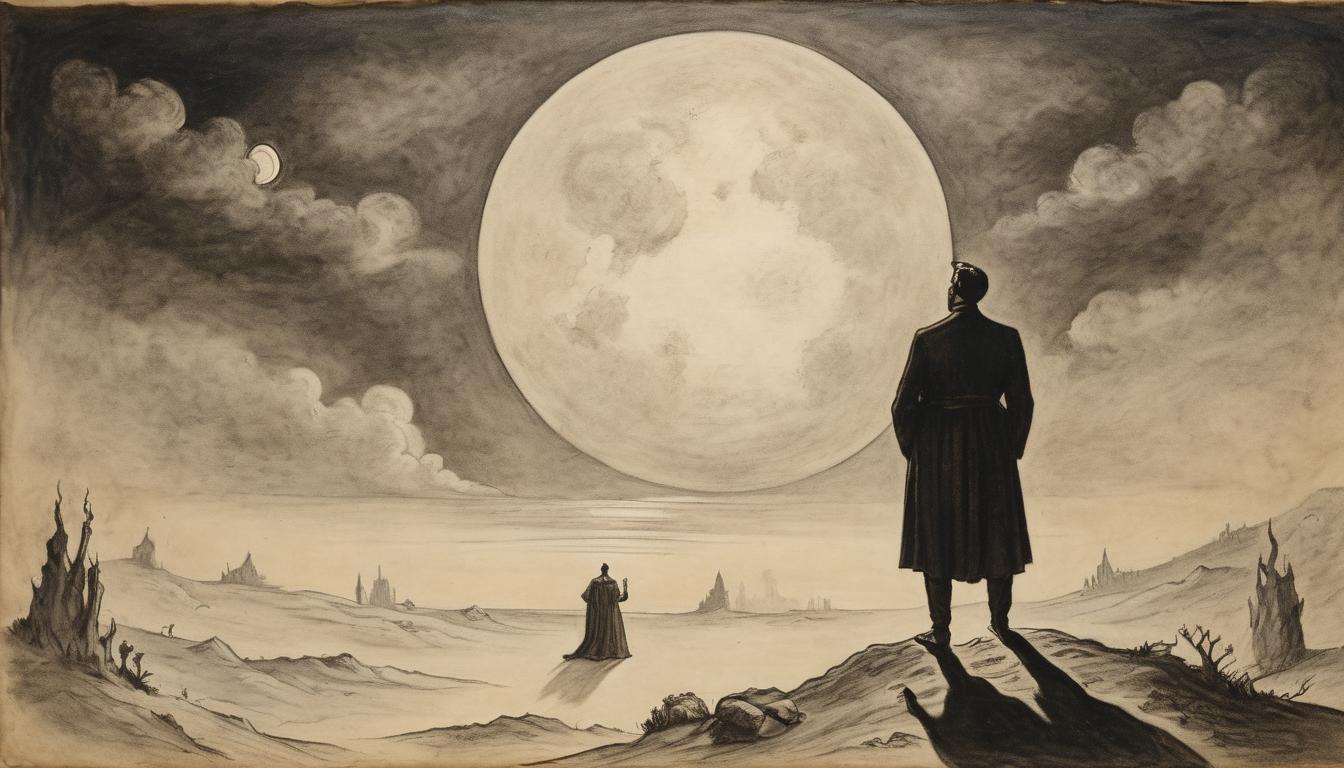  on parchment, surrealism++, distant figures on the ground, looking up at a majestic figure in the sky, moonlight creating dramatic shadows, sense of awe(mysterious, provocative, symbolic)++