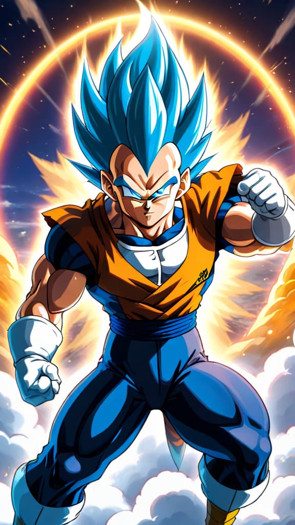  anime art of vegeta's ultra ego radiating power through his fighting spirit and pride in dragon ball. hyperrealistic, full body, detailed clothing, highly detailed, cinematic lighting, stunningly beautiful, intricate, sharp focus, f/1. 8, 85mm, (centered image composition), (professionally color graded), ((bright soft diffused light)), volumetric fog, trending on instagram, trending on tumblr, HDR 4K, 8K