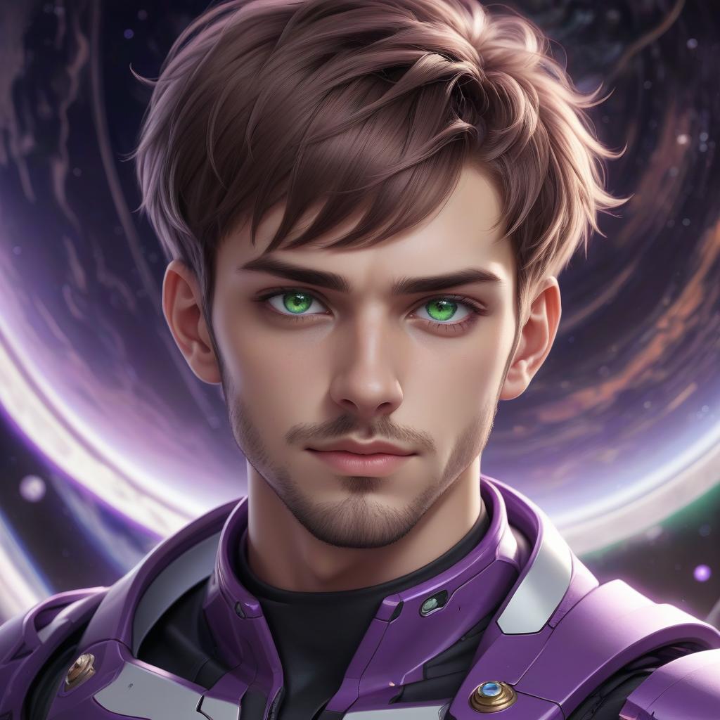  planetary complex, young man, lean build, with a small beard and short haircut, and purple eyes. ordinary girl, brown hair, green eyes