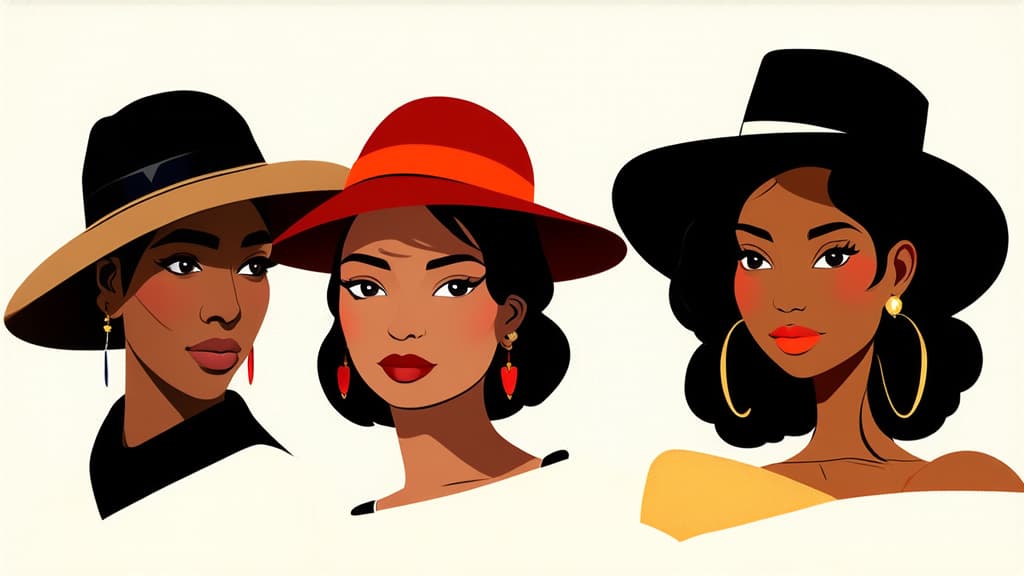  flat illustration, flaticon, (illustration:1.15), different beauty. set of different female heads in hats. different races and nationalities. colored hand drawn illustration ar 16:9, [cory loftis, strobist, pascal campion :: 0.2]