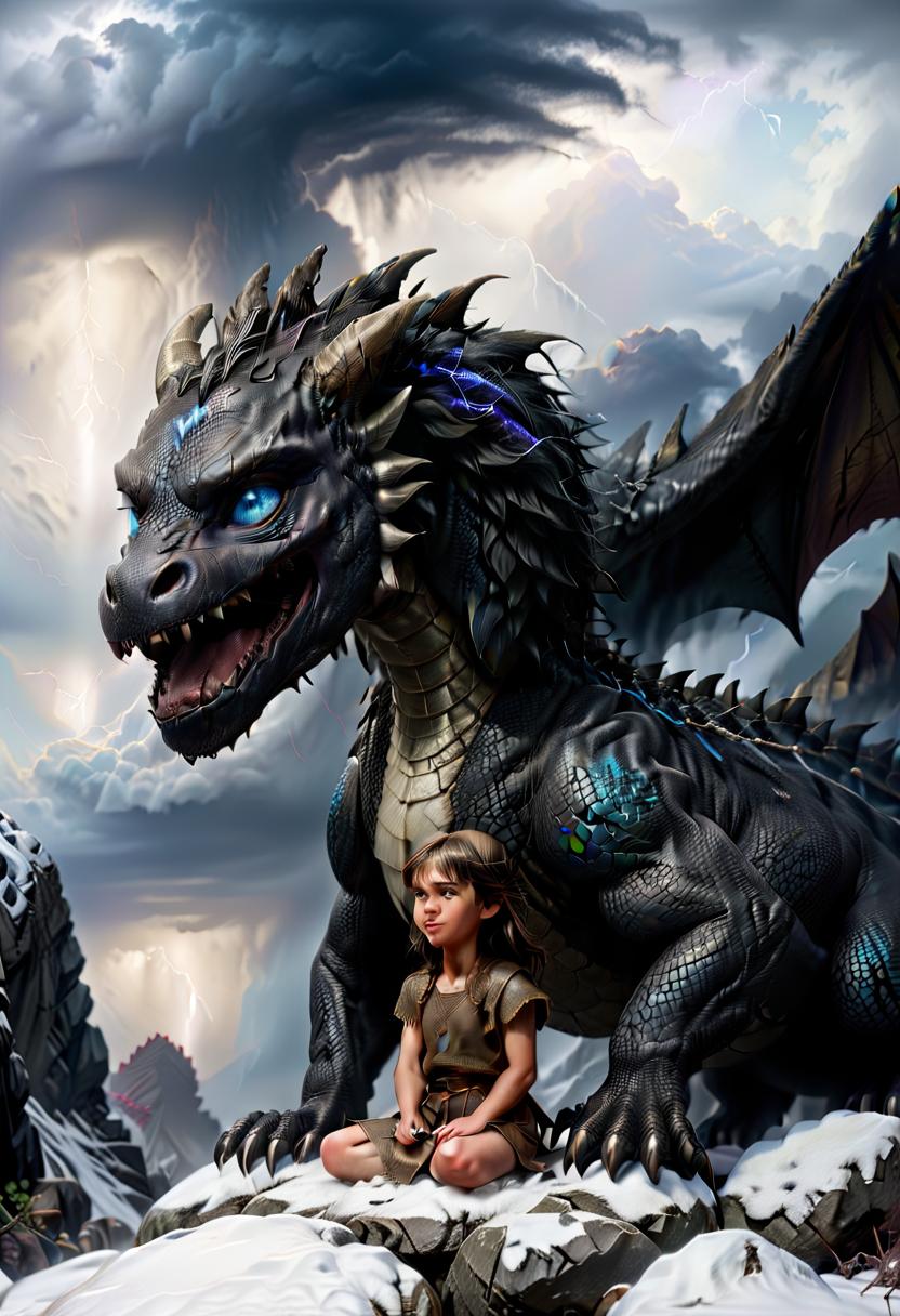  hyperrealistic art a huge black dragon with blue eyes, sitting on a snow capped rock, a thunderstorm sky, a snowstorm, short hair near a viking girl, a girl and a dragon look at each other, close ups . extremely high resolution details, photographic, realism pushed to extreme, fine texture, incredibly lifelike, civitai, perfecteyes