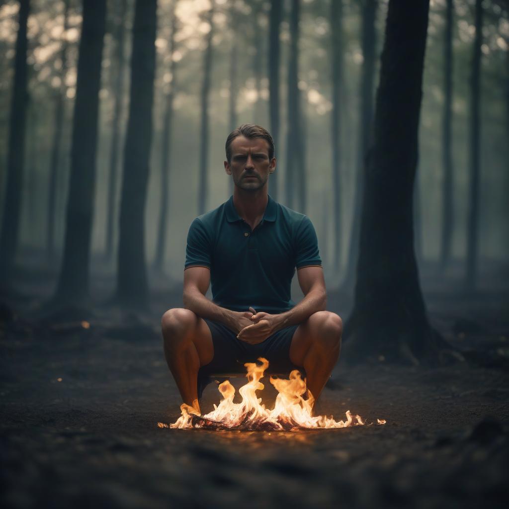  cinematic film still a man in polo, a match burning on his head, a flame, sitting in a lotus position, close up, against a background of a dark forest . shallow depth of field, vignette, highly detailed, high budget, bokeh, cinemascope, moody, epic, gorgeous, film grain, grainy