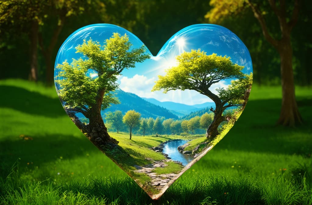  epic realistic, hyperdetailed, (cycles render:1.3), caustics, (glossy:0.58), (artstation:0.82),bright 3d heart shape with nature landscape ar 3:2