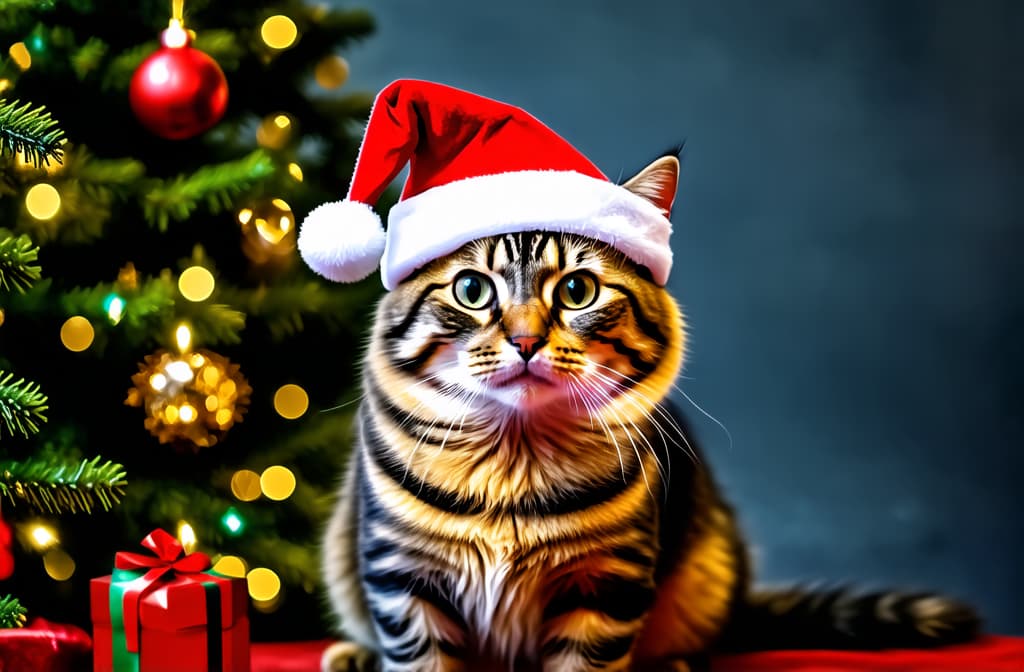  professional detailed photography, portrait of a cat in a santa hat sitting by a christmas tree, lights and bokeh behind ar 3:2, (muted colors, dim colors, soothing tones), (vsco:0.3)